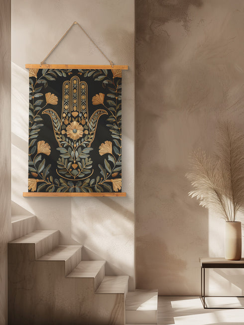 Botanical Hamsa wall tapestry featuring gold and teal design on black background, showing a protective hand symbol adorned with leaf motifs and floral elements, hanging from wooden dowels with natural twine.